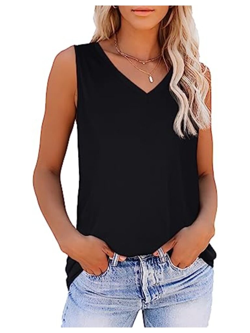 Womens Tank Top Sleeveless V Neck Loose Fit Summer Tunic Blouse